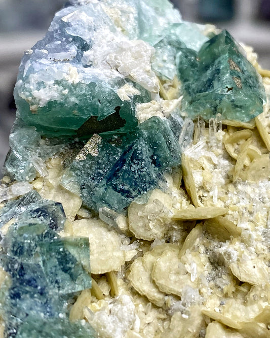 Green Blue Fluorite with Pyrite, Siderite, Quartz