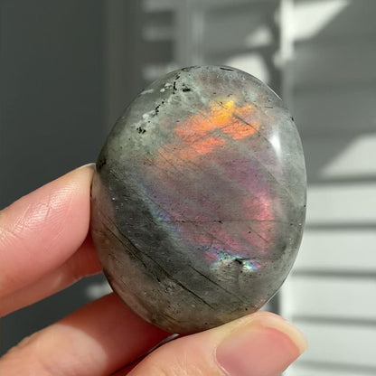 Blush Peach Pink Purple Yellow Flash Labradorite Palm Stone