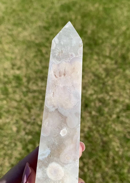 Lilac Grey Flower Agate with Quartz Tower