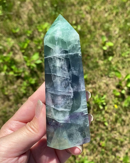 Green Purple Blue Fluorite Tower with Rainbows