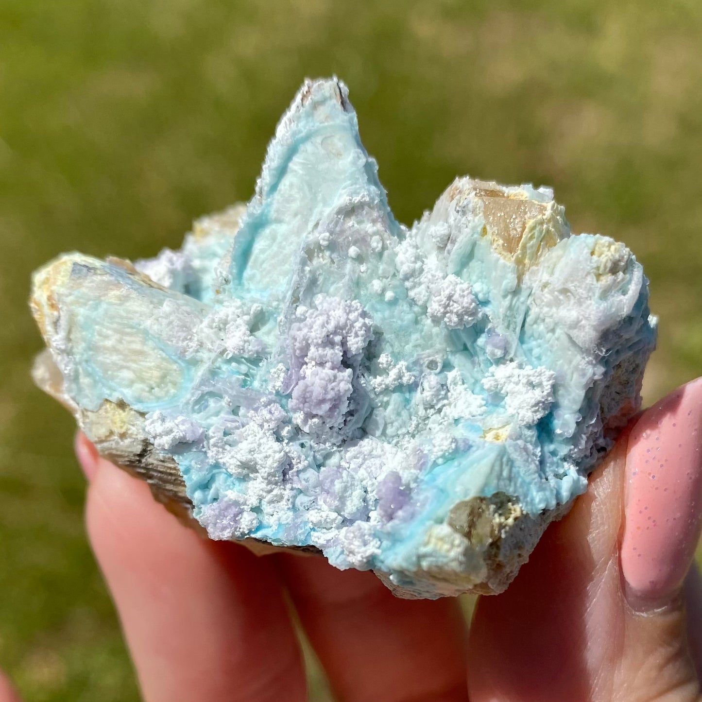 Pastel Dreams Baby Blue Gibbsite & Purple Gypsum on Calcite