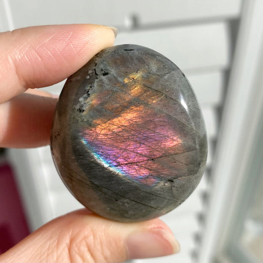 Blush Peach Pink Purple Yellow Flash Labradorite Palm Stone