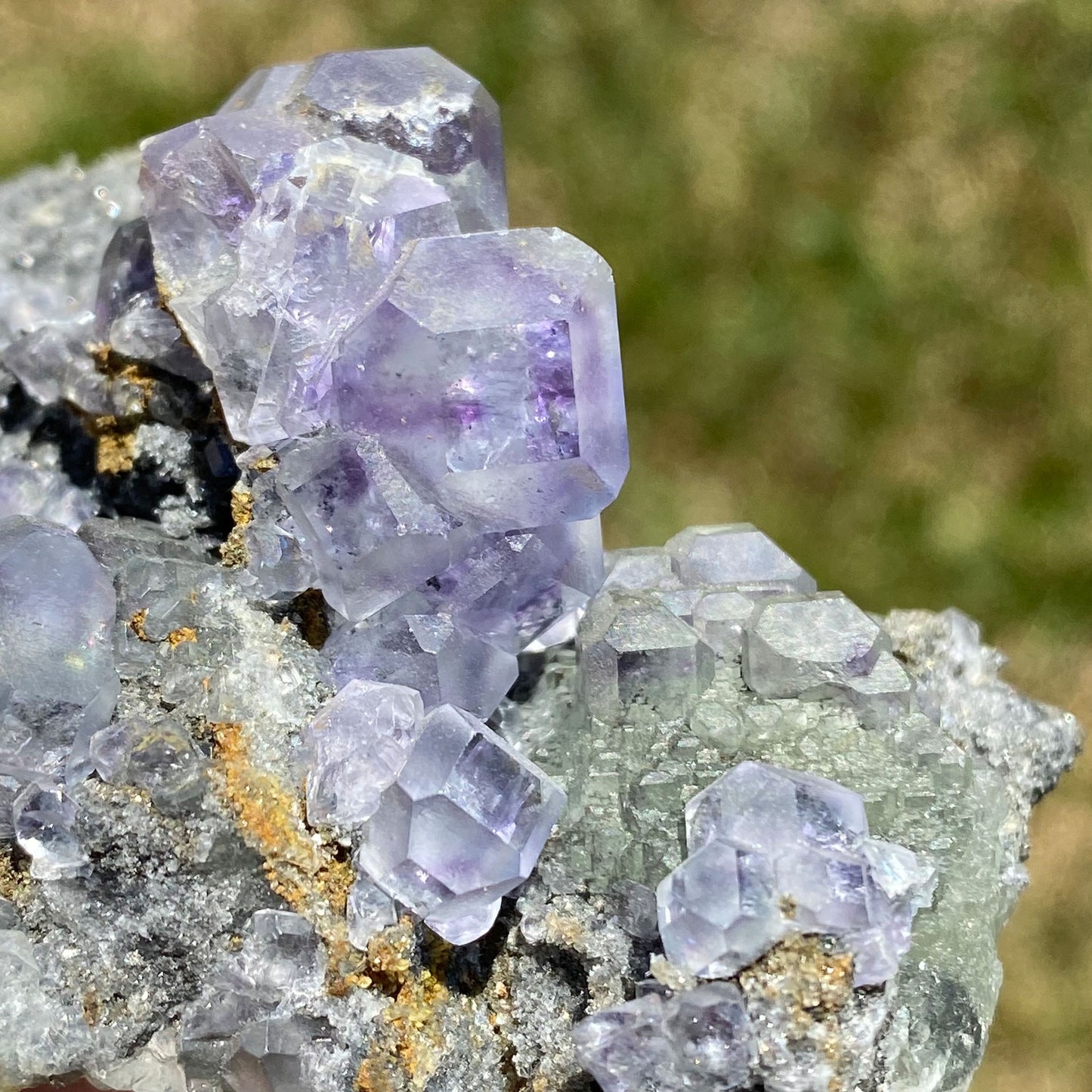 Clear Purple and Green Polyhedral Fluorite Mineral Specimen