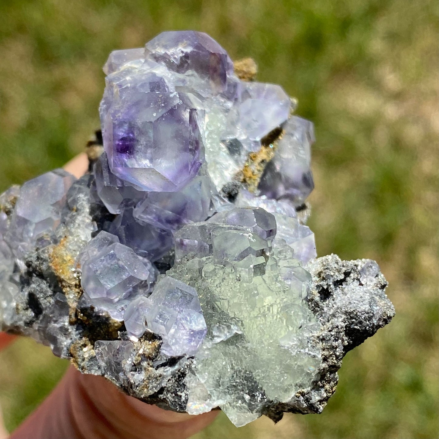 Clear Purple and Green Polyhedral Fluorite Mineral Specimen