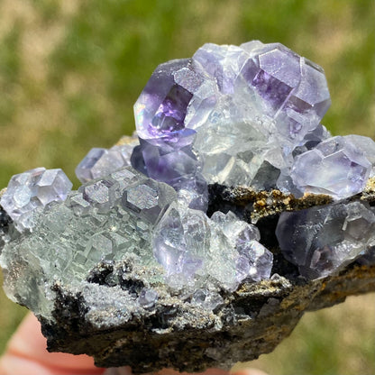 Clear Purple and Green Polyhedral Fluorite Mineral Specimen