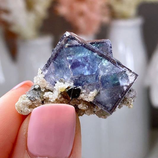 Blue Green Purple Fluorite Cubes with Pyrite Specimen