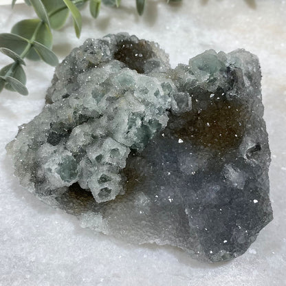 Green Cubic Fluorite with Quartz Sugar Druzy