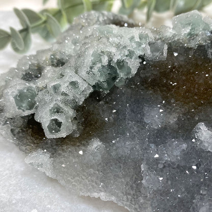 Green Cubic Fluorite with Quartz Sugar Druzy