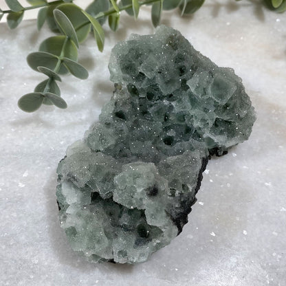 Green Cubic Fluorite with Quartz Sugar Druzy