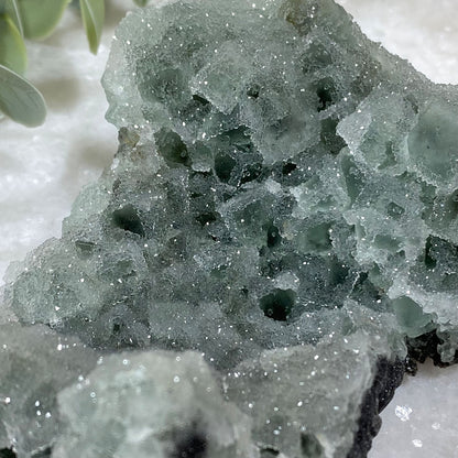 Green Cubic Fluorite with Quartz Sugar Druzy