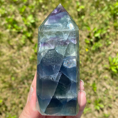 Blue Green Purple Fluorite Tower with Lots of Rainbows