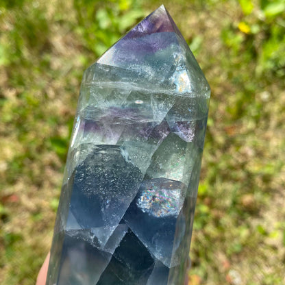 Blue Green Purple Fluorite Tower with Lots of Rainbows