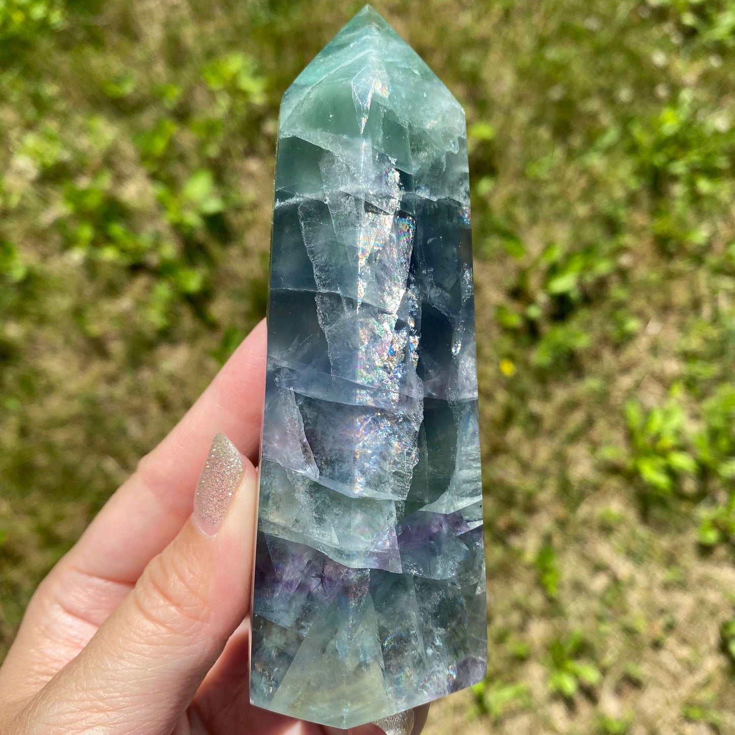 Green Purple Blue Fluorite Tower with Rainbows