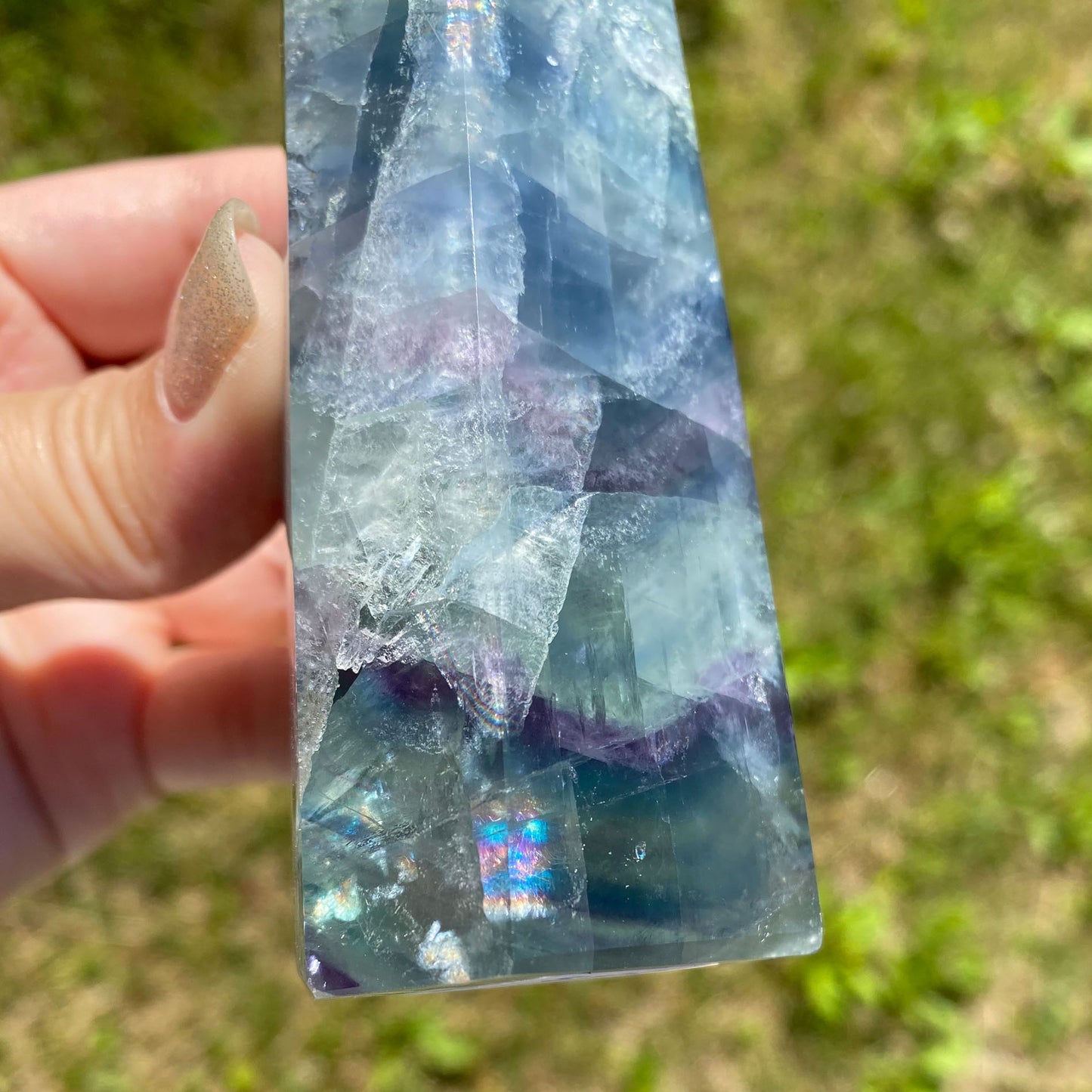 Green Purple Blue Fluorite Tower with Rainbows