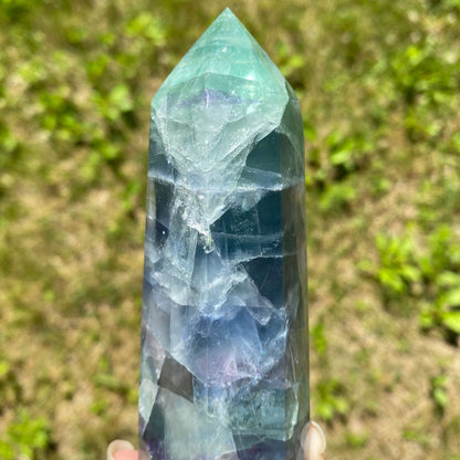 Green Purple Blue Fluorite Tower with Rainbows