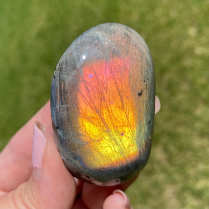 Labradorite Palm Stone Orange Yellow Pink Flash