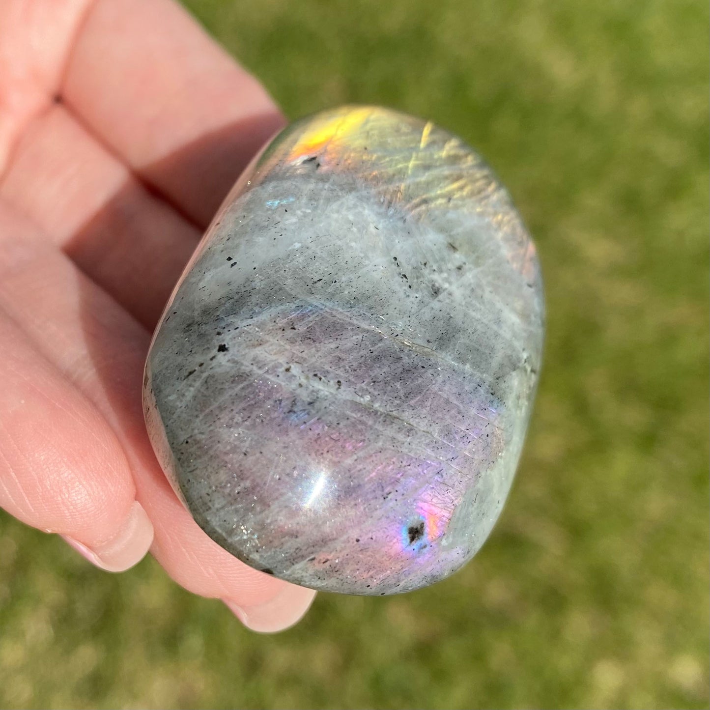 Labradorite Palm Stone Orange Yellow Pink Flash