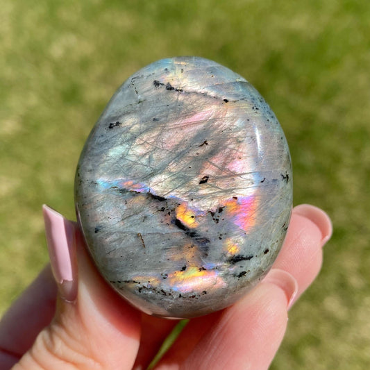 Labradorite Palm Stone Silver Pink Orange Flash