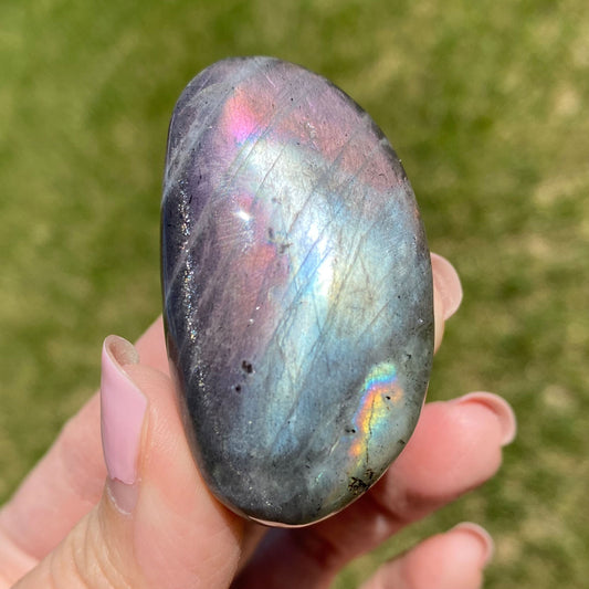 Labradorite Palm Stone Silver Pink Peach Flash