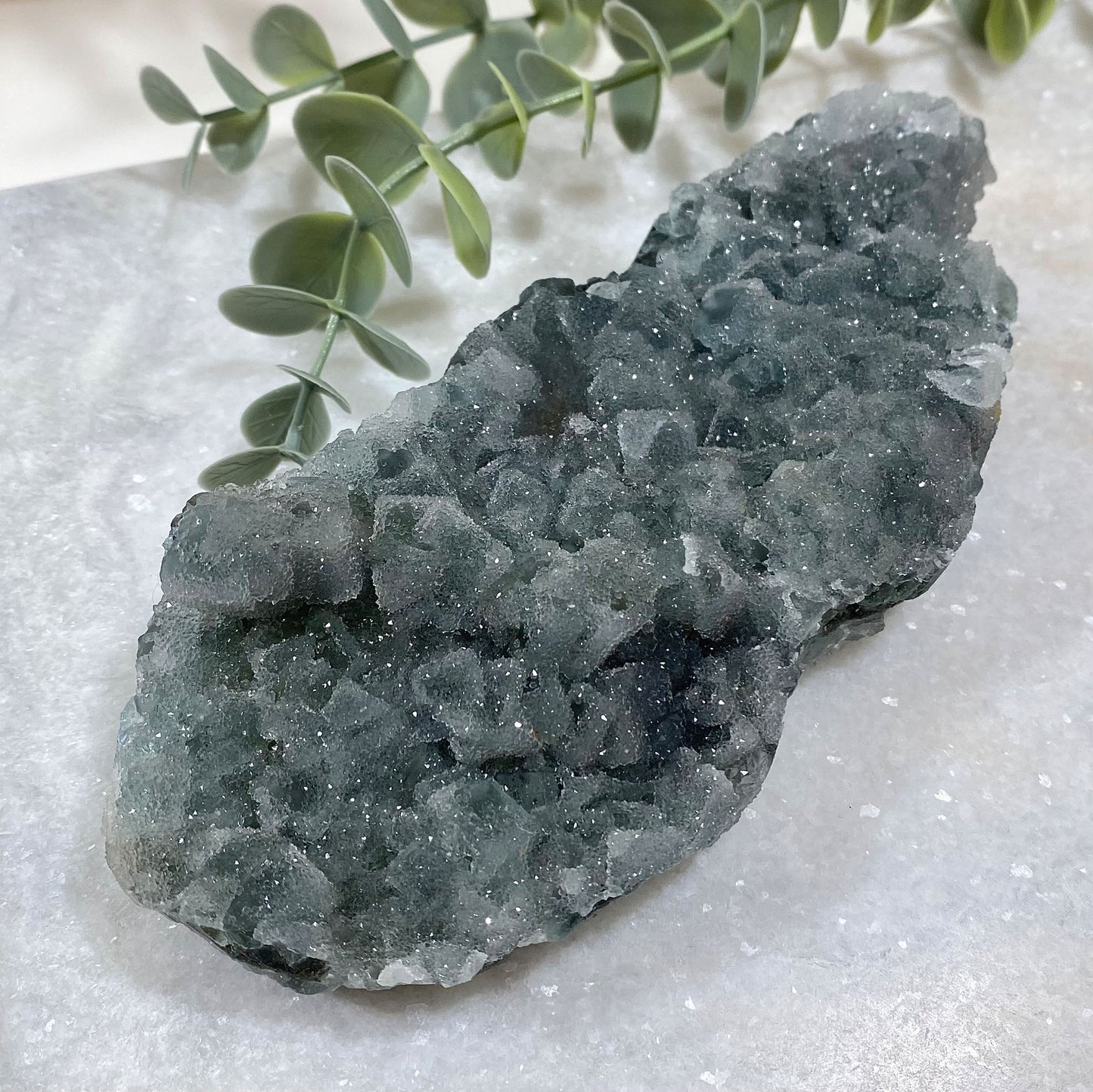 Large Green Cubic Fluorite with Quartz Sugar Druzy