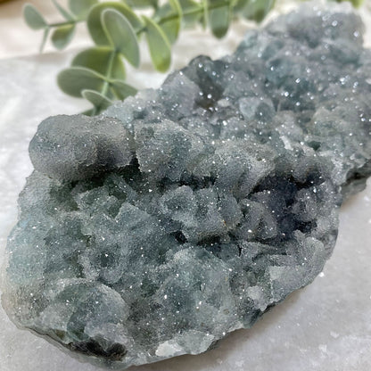 Large Green Cubic Fluorite with Quartz Sugar Druzy