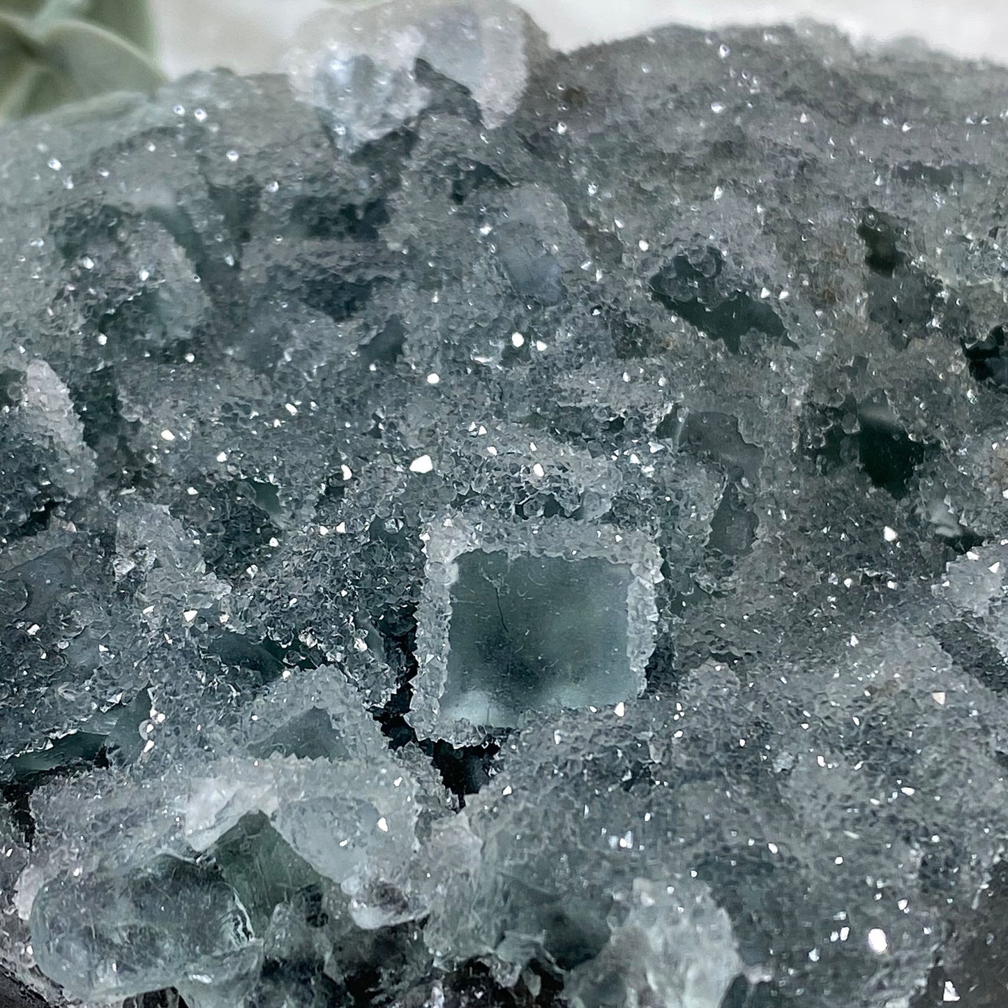 Large Green Cubic Fluorite with Quartz Sugar Druzy