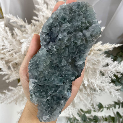 Large Green Cubic Fluorite with Quartz Sugar Druzy