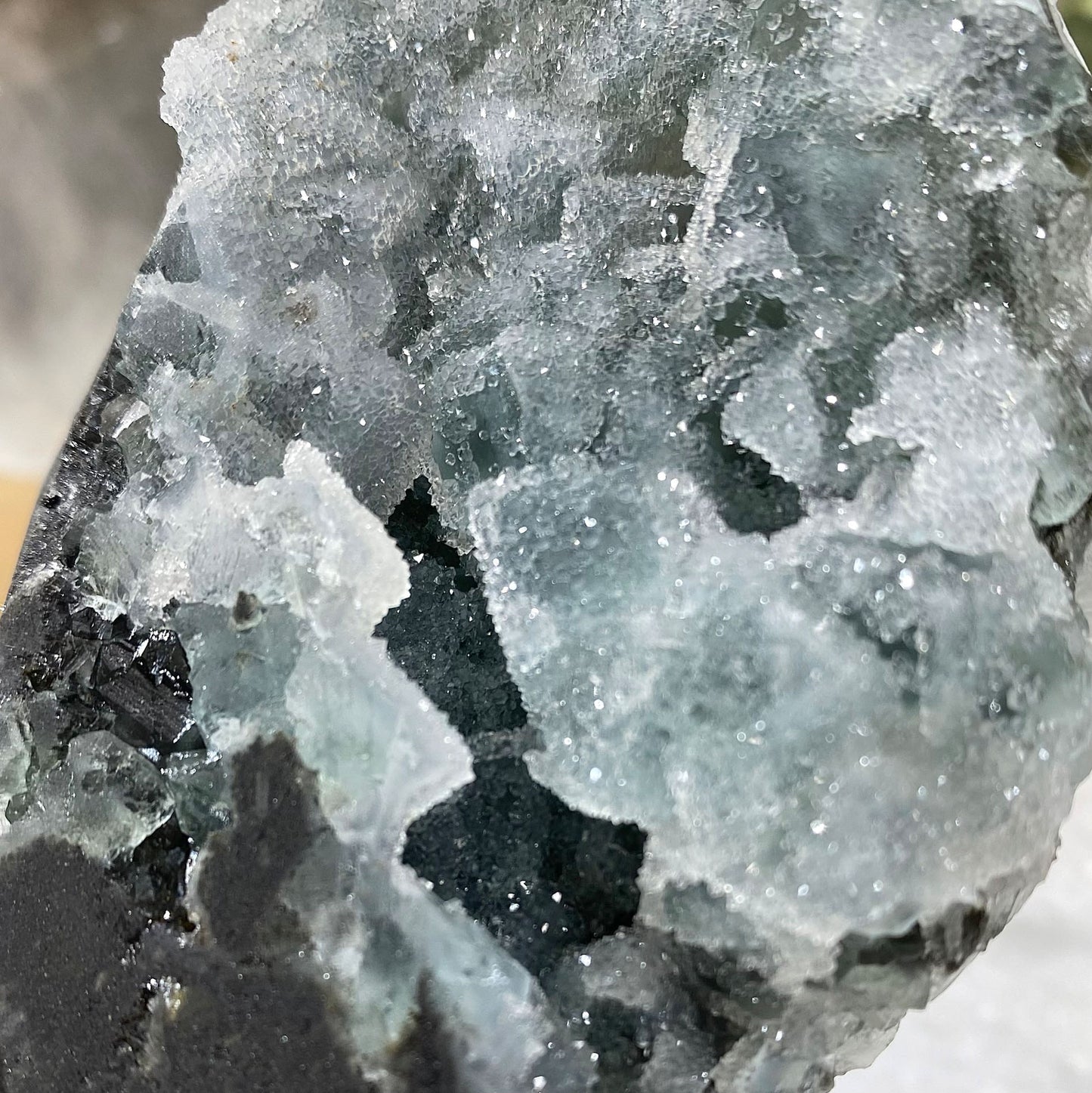 Large Green Cubic Fluorite with Quartz Sugar Druzy