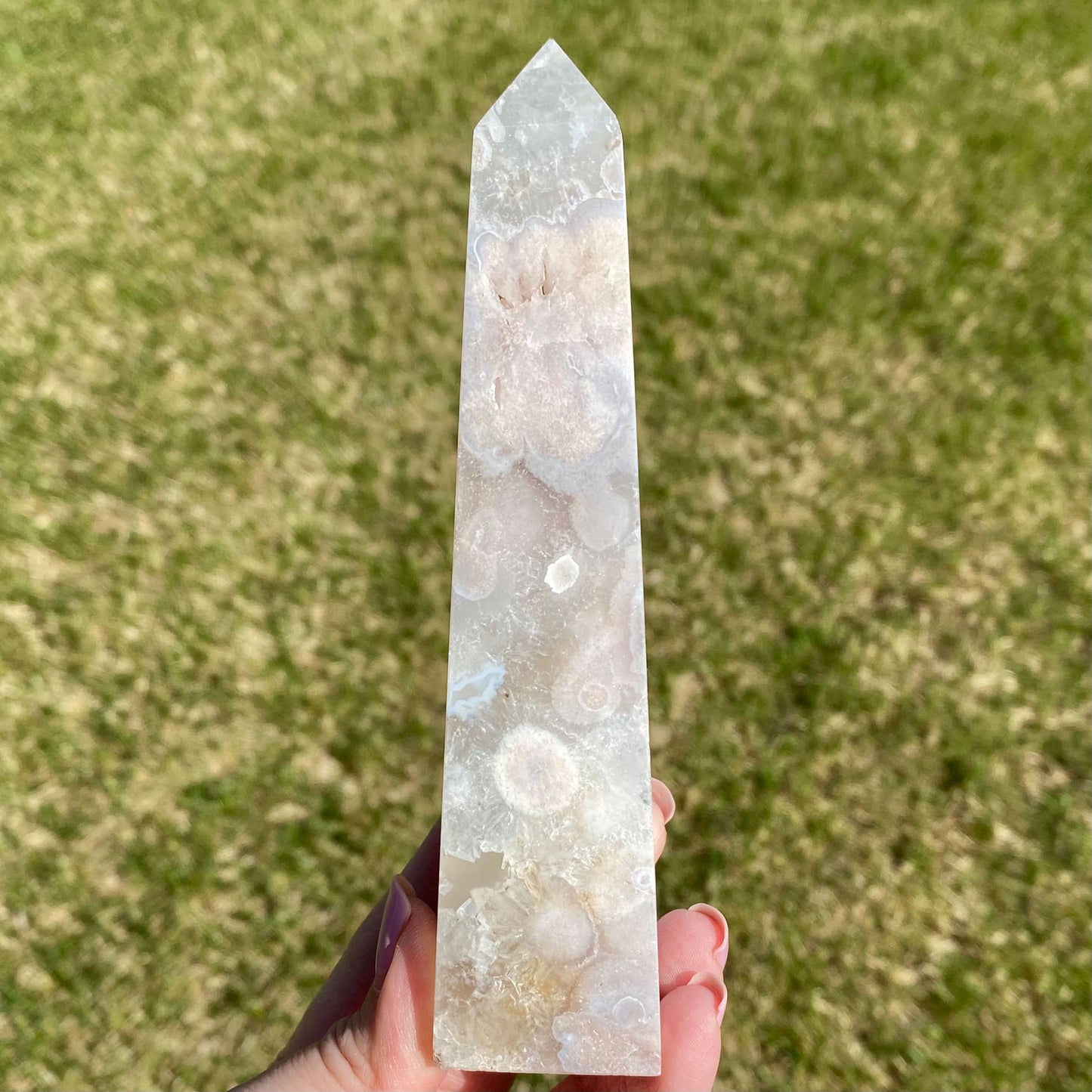 Lilac Grey Flower Agate with Quartz Tower