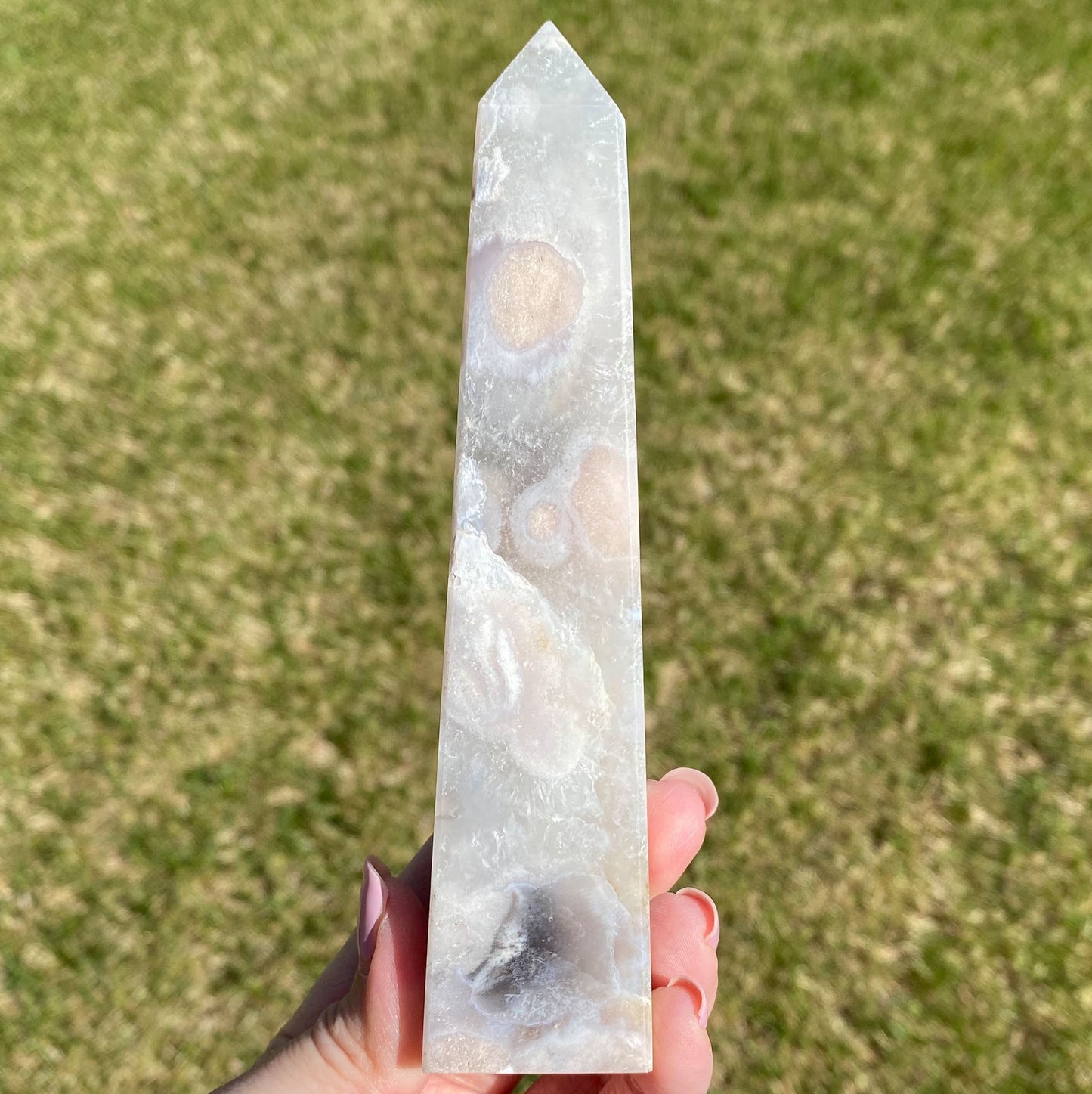 Lilac Grey Flower Agate with Quartz Tower