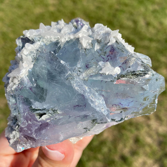 Large Light Blue Cubic Fluorite with Purple Phantoms and Calcite