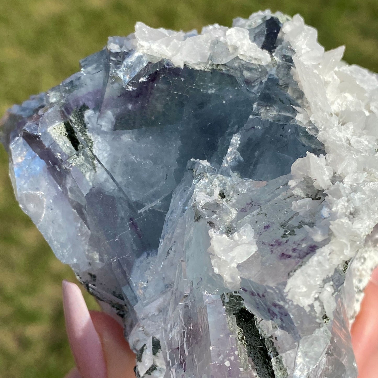 Large Light Blue Cubic Fluorite with Purple Phantoms and Calcite