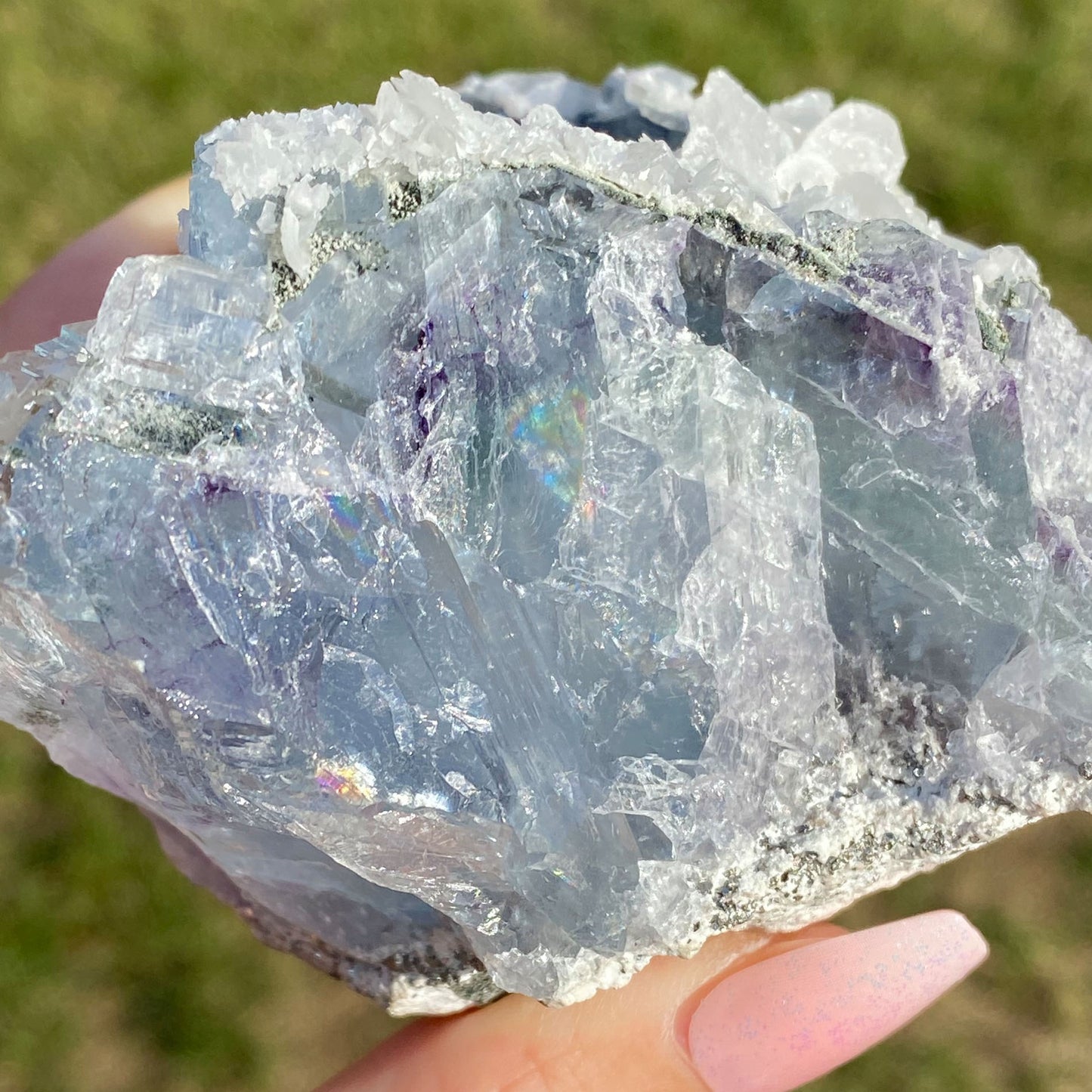 Large Light Blue Cubic Fluorite with Purple Phantoms and Calcite