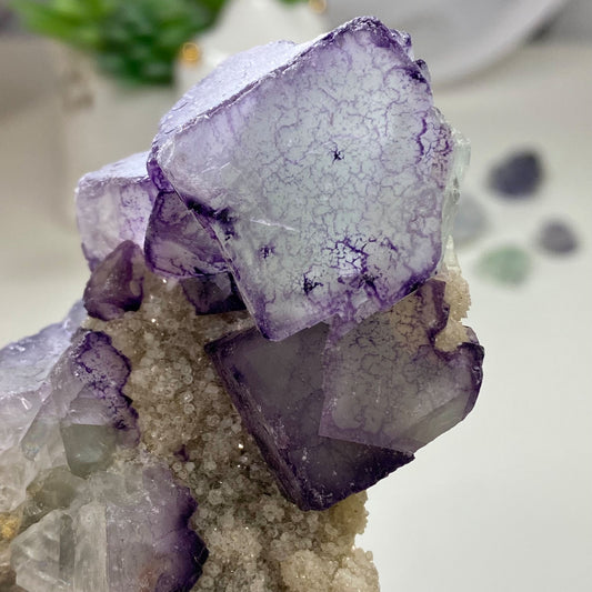 Light Green with Purple Patterns Cubic Fluorite and Quartz Cluster