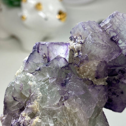 Light Green with Purple Patterns Cubic Fluorite and Quartz Cluster