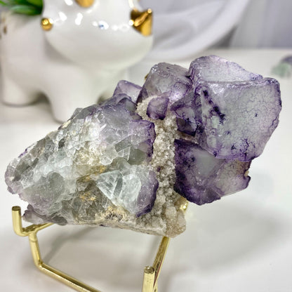 Light Green with Purple Patterns Cubic Fluorite and Quartz Cluster