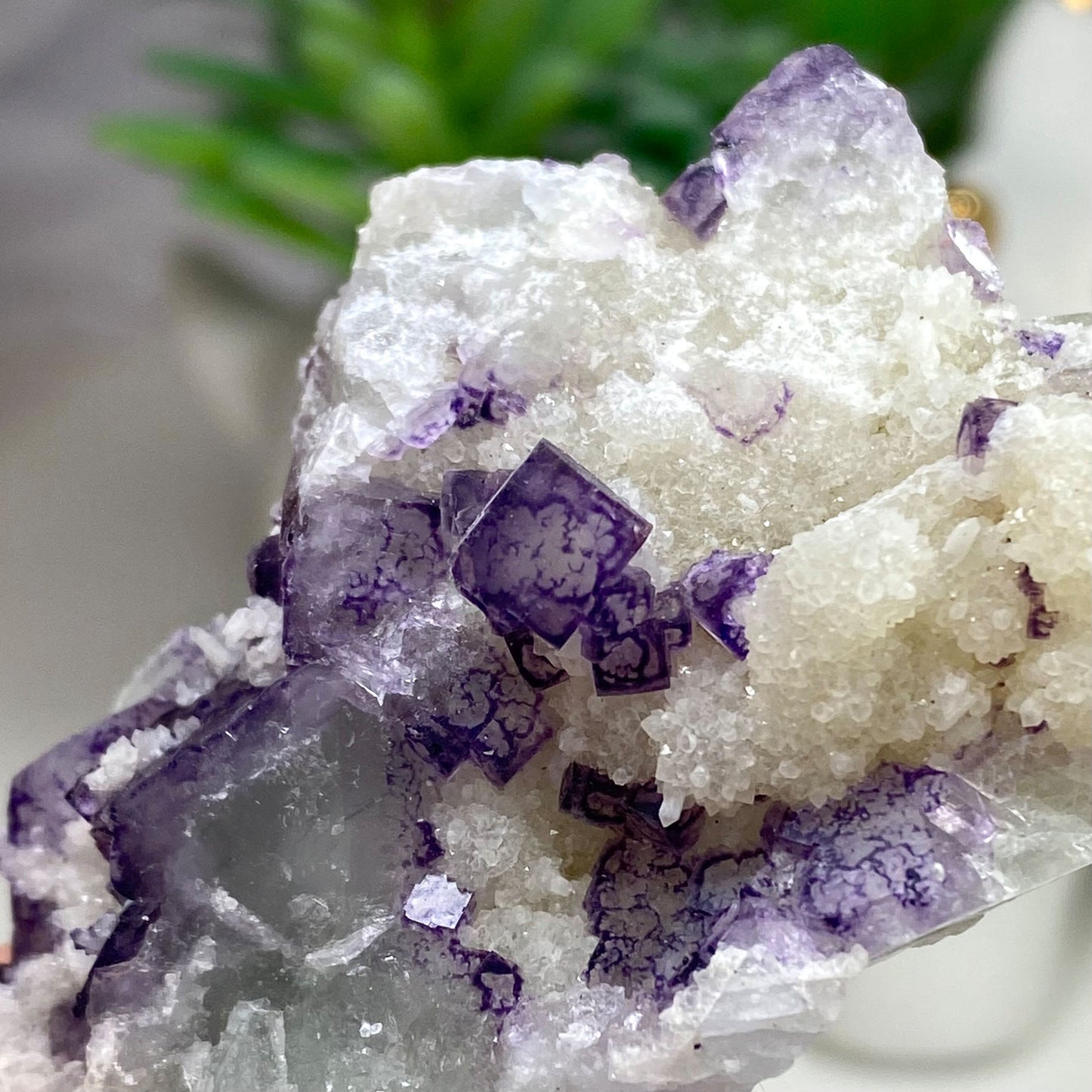 Light Green with Purple Patterns Cubic Fluorite and Quartz Cluster