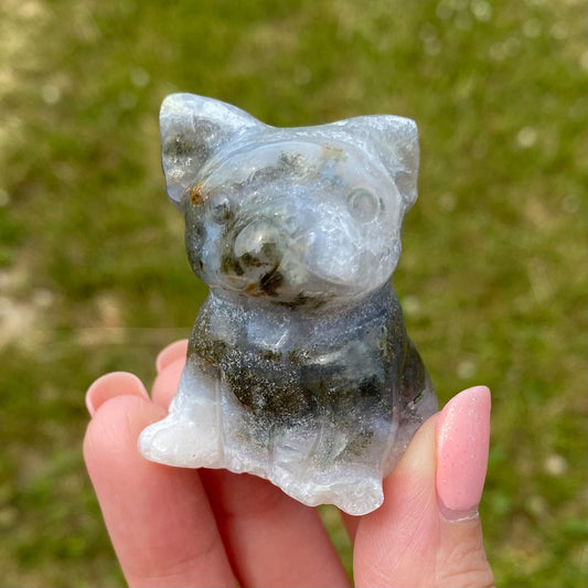 Moss Agate Frenchie French Bulldog Dog Carving