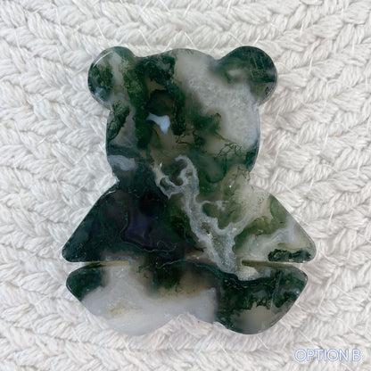 Moss Agate Bear Carving with Sparkly Druzy