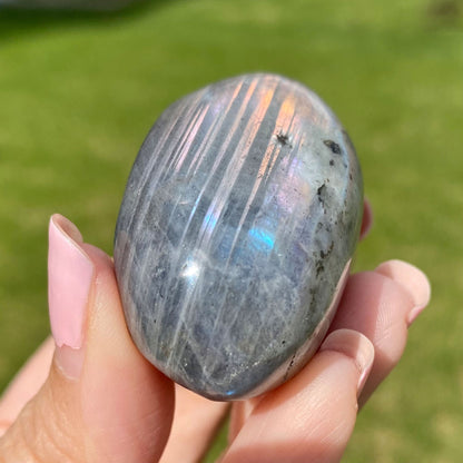 Labradorite Palm Stone Orange Pink Blue Flash