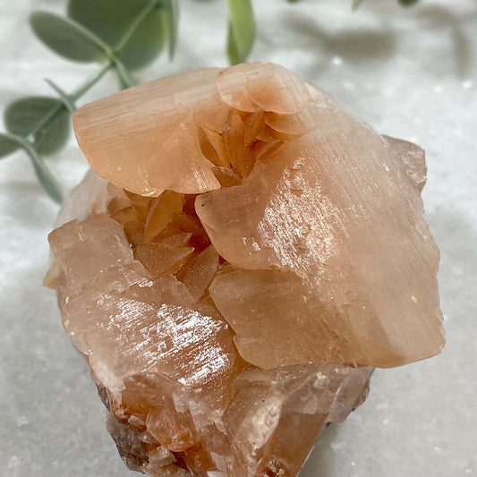 Peachy Red & Clear Calcite Cluster with Rainbow Flash