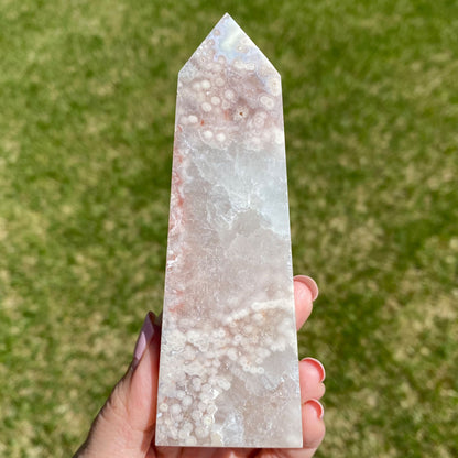 Pink Flower Agate and Quartz Tower