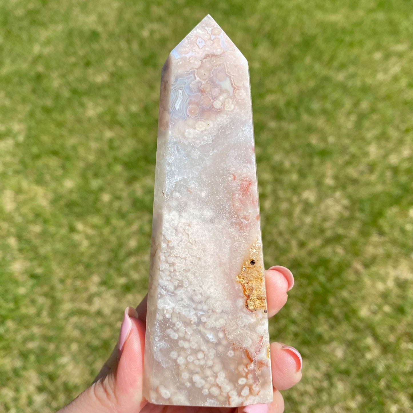 Pink Flower Agate and Quartz Tower