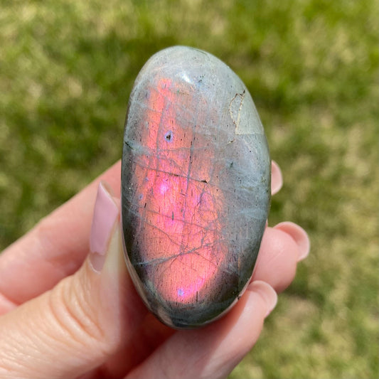 Labradorite Palm Stone Pink Orange Full Flash