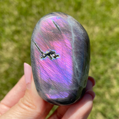 Labradorite Palm Stone Purple Pink Orange Flash