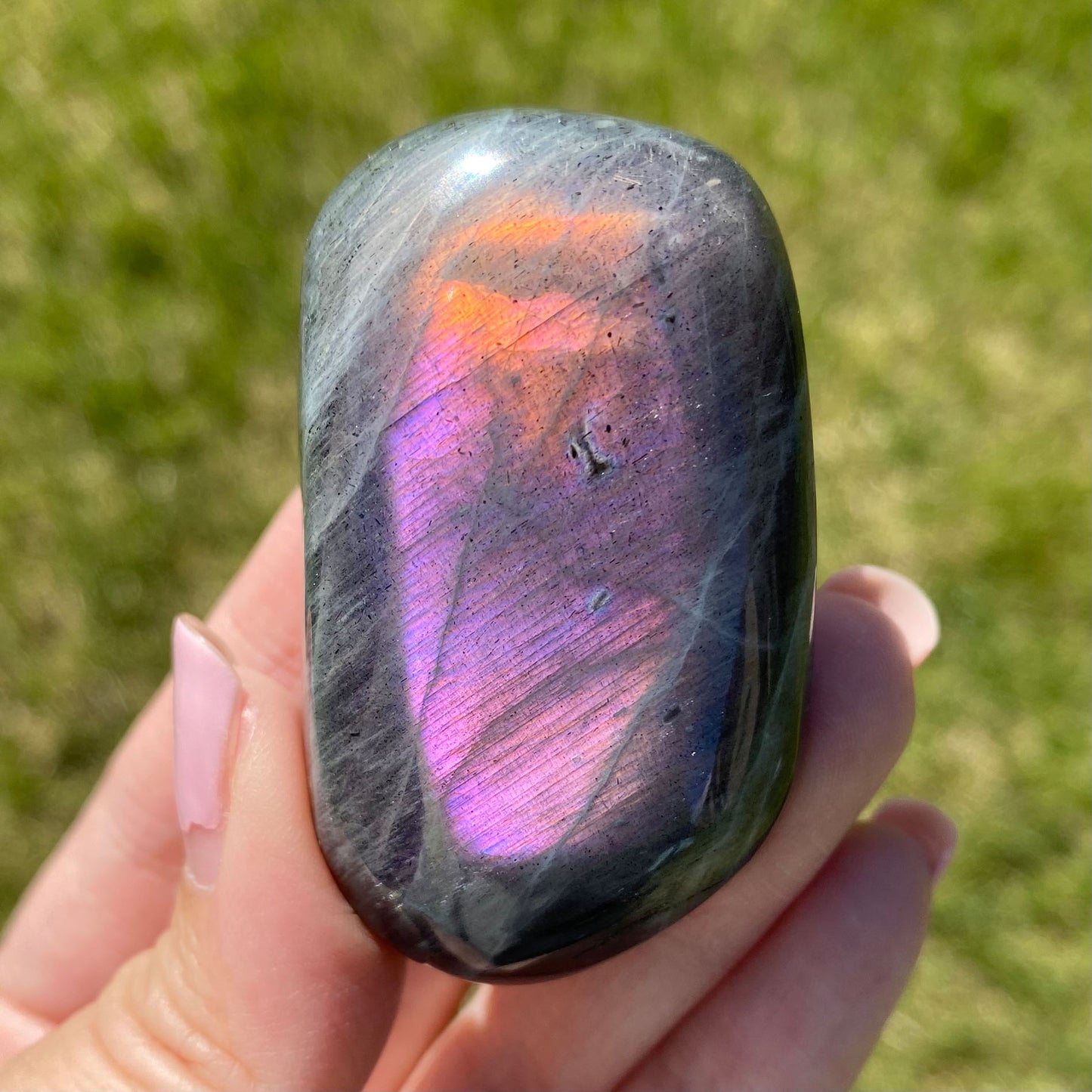 Labradorite Palm Stone Purple Pink Orange Flash