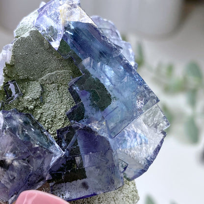 Blue Cubic Fluorite on Quartz Specimen