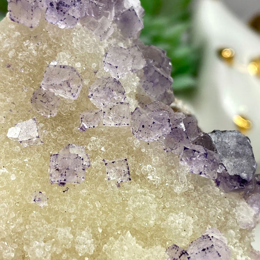 Purple with Dotted Edges Cubic Fluorite on Quartz Cluster