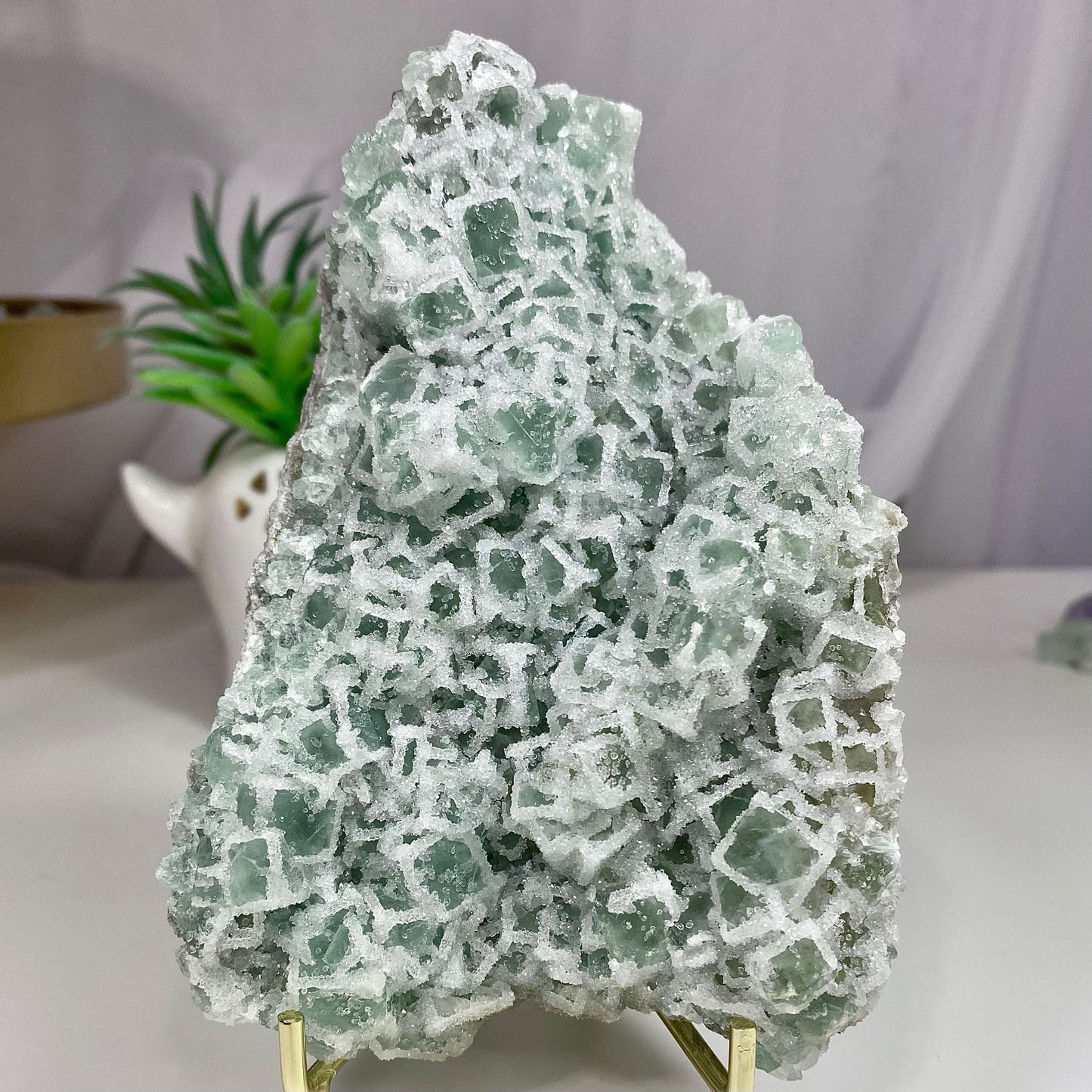 Sparkly 'Sugar' Green Cubic Fluorite with Quartz Druzy