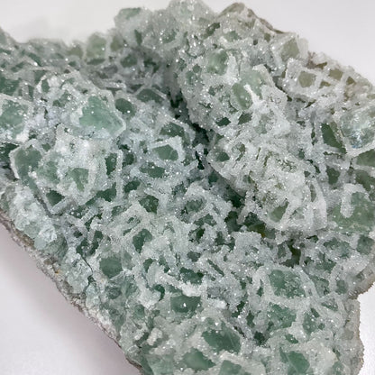 Sparkly 'Sugar' Green Cubic Fluorite with Quartz Druzy